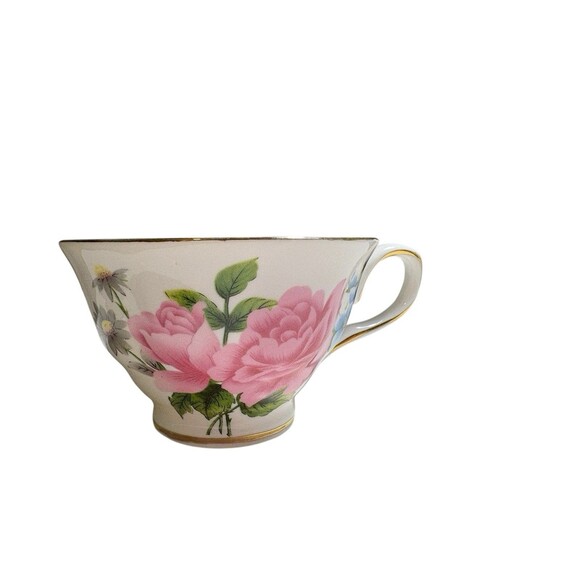 Grace's Teaware Pink Rose Blue Floral Tea Cup & Saucer Gold Trim Scalloped Edge - Picture 3 of 10